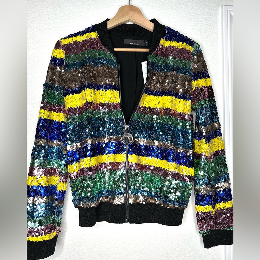 Bebe  Sequin Striped Bomber Jacket, NWT size small, Holiday Jacket multi colored